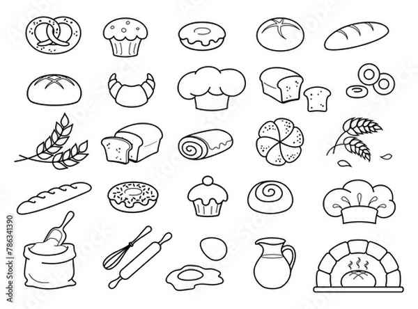 Fototapeta Bread, pastries and bakery icons set. Set of bakery products signs and symbols. Fresh and natural bread, rolls, baguettes, donuts, bagels and croissants. Linear logos isolated on white background