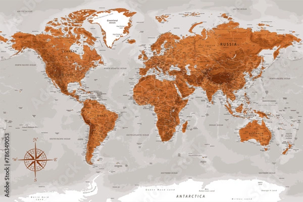 Fototapeta World Map - Highly Detailed Vector Map of the World. Ideally for the Print Posters. Terracotta Brown Orange Colors. With Relief and Depth