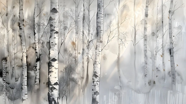 Fototapeta Silver Birch Trees with dappled sunlight streaming through