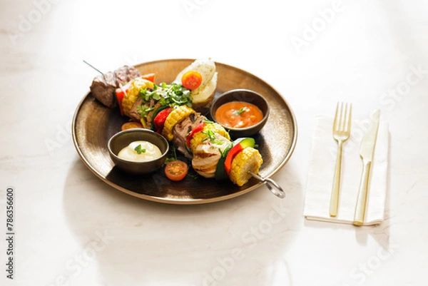 Fototapeta Dutch skewers with corn and cow steak, vegetables and sauce