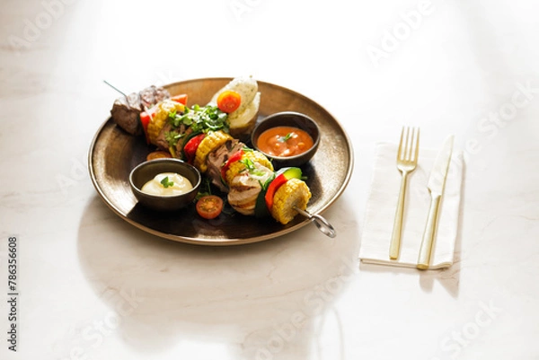 Fototapeta Dutch skewers with corn and cow steak, vegetables and sauce