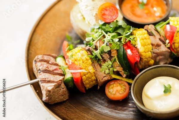 Fototapeta Dutch skewers with corn and cow steak, vegetables and sauce