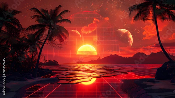 Fototapeta Retro synth wave style Beautiful Sunset on the beach with sea and palm trees.
