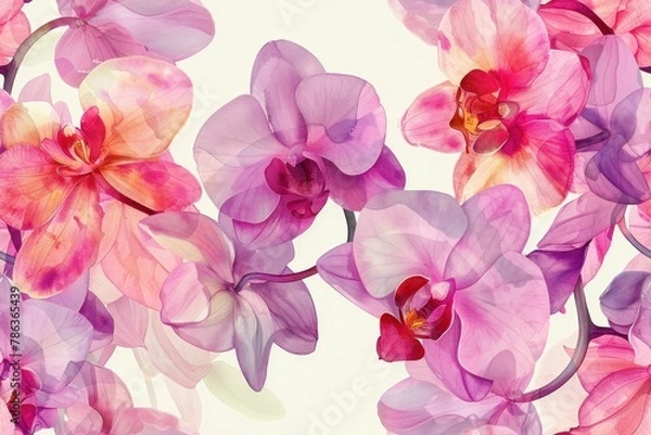 Fototapeta Seamless Pink Orchids on White Background Watercolor Illustration Pattern for Design and Decorations