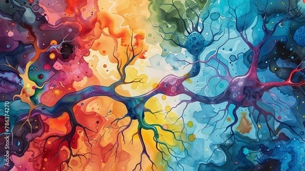 Fototapeta Bring the nervous system to life in vibrant acrylic colors on canvas, portraying it from an eye-level angle Show the energy flow through the neurons with dynamic brush strokes and vivid hues, perfect