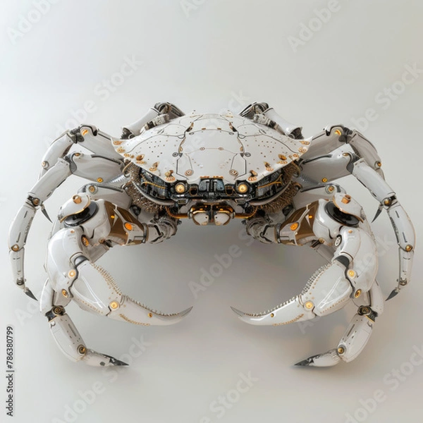 Fototapeta A robotic crab, sturdy and precise, crafted from intricate machinery, scuttles with purpose, its sensors replicating crustacean behaviors convincingly 3D (Generative Ai)