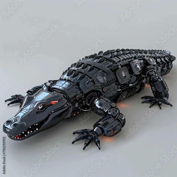 Obraz A robotic alligator, robust and menacing, engineered from intricate components, glides with stealth, its sensors mimicking reptilian behaviors convincingly 3D (Generative Ai)