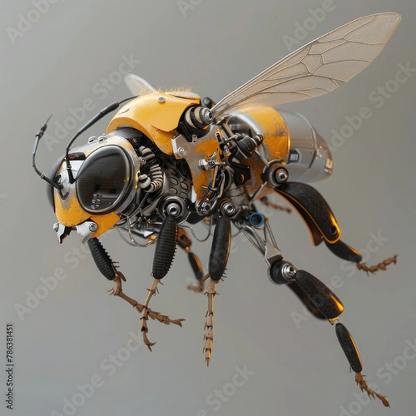 Fototapeta A robotic bee, small and agile, constructed from precise mechanisms, moves with buzzing energy, its sensors replicating insect behaviors accurately 3D (Generative Ai)