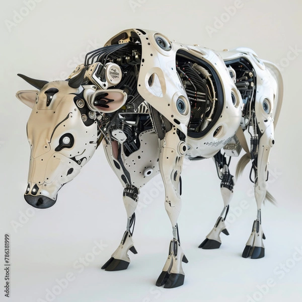 Fototapeta A robotic cow, sturdy and efficient, engineered from intricate components, moves with steady determination, its sensors mimicking bovine behaviors convincingly 3D(Generative Ai)