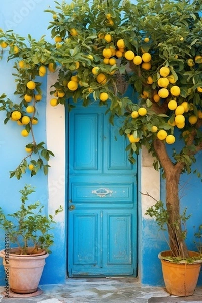 Obraz An aquamarine doorway with a lemon tree bearing fruit, its branches arching over a cobaltblue painted home ,  illustration