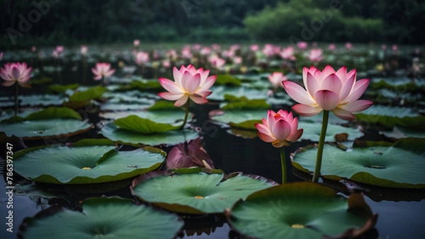 Fototapeta Beautiful pink lotus flower close up in pond at red lotus lake, Udonthani
