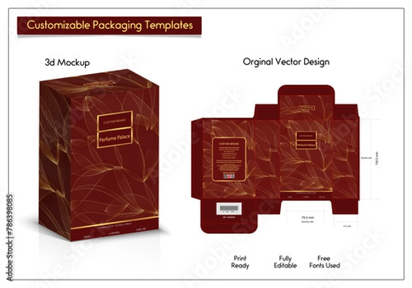 Fototapeta Packaging box design for Product of luxury products mockup 3d Box Packaging Design Box die line for perfume, soap, wine, lotion, Made with golden foil, Isolated on brown background vector illustration