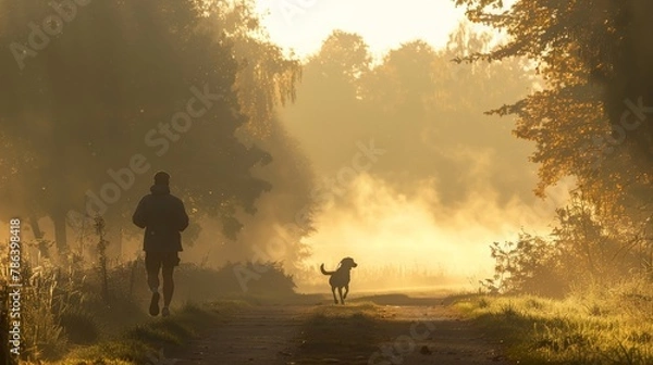 Fototapeta An early morning jog in the mist, where a person and their dog enjoy the tranquility and rhythm of their shared routine, strengthening their connection.