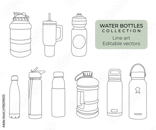 Obraz Travel portable water bottles and flasks with lid line drawing outline editable vector collection gym glass and plastic bottle