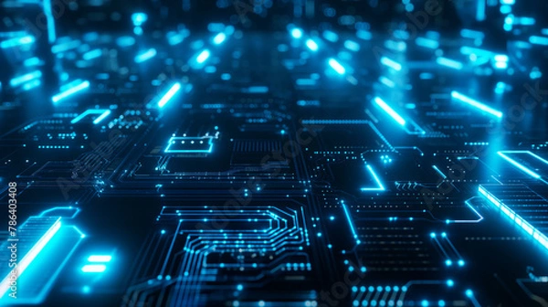 Fototapeta High tech concept visualization: microchip, processor, cpu circuit board, cloud computing data and city. 3d rendering. Futuristic pcb model and background illustration.