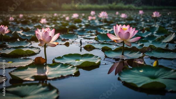 Fototapeta Beautiful pink lotus flower close up in pond at red lotus lake, Udonthani


