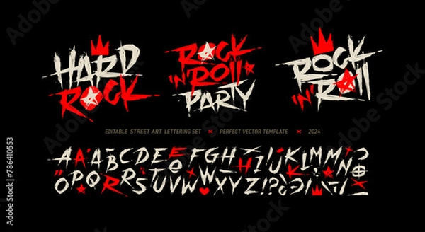 Fototapeta Rock'n'roll Party grunge font type alphabet with signs and symbols. Street Art graffiti style font type letterning. Hard Rock style elements collection for tee print and textile pattern design