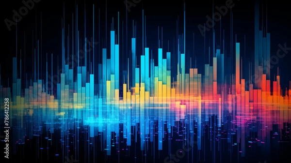 Fototapeta Abstract digital city skyline with vibrant soundwave pattern on a dark background. Conceptual illustration of urban rhythm and music visualization for design and wallpaper.