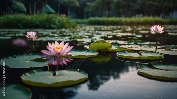 Fototapeta Beautiful pink lotus flower close up in pond at red lotus lake, Udonthani
