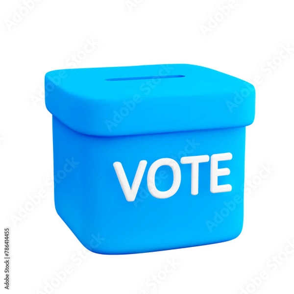 Obraz 3d cartoon blue ballot box isolated on white background. Design element for vote and election campaign. Vector illustration of 3d render.
