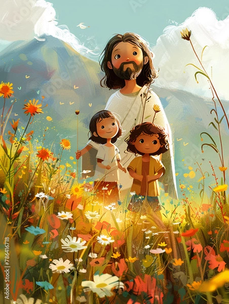 Obraz A cartoon-style illustration of a joyful Jesus with two children in a meadow featuring soft sculpture design