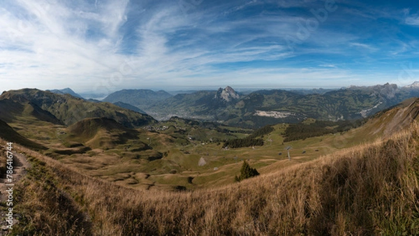 Fototapeta Panoramic view of Swiss Alps from Klingenstock summit, Switzerland. Stoos village and cable car