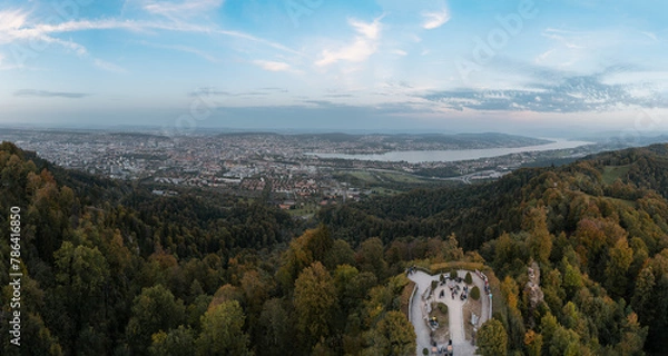 Fototapeta Panoramic view of Zurich city and lake from Uetliberg, Switzerland look-out tower and viewpoint 