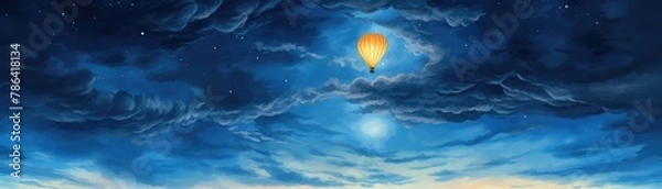 Fototapeta A nostalgic watercolor depiction of a paper lantern gently rising in a deep blue evening sky during a festival