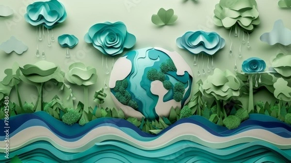 Fototapeta Ecology and world water day, Saving water and world Environment day, environmental protection and save earth water, Paper art
