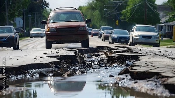 Fototapeta Melting Asphalt and Warping Roads Posing Challenges for Vehicles in Summer Heat