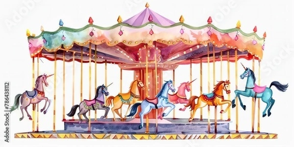 Obraz Whimsical carousel with colorful horses isolated image on white background
