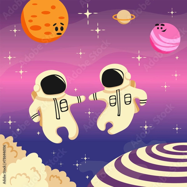 Obraz Spaceman children in space suits flying in space. Cute funny baby astronauts and planets in cosmos. Kids spacewalk. Vector illustration