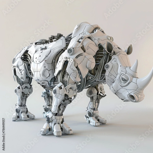 Obraz A robotic rhinoceros, sturdy and formidable, crafted from advanced machinery, moves with powerful strides, its sensors replicating rhino behaviors convincingly 3D (Generative Ai)