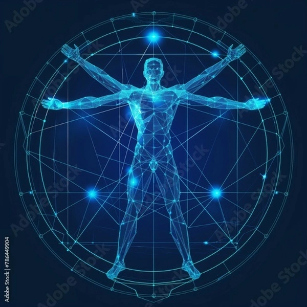 Fototapeta  A man interacts with a digital representation of the Vitruvian Man, perfect for illustrating the intersection of technology and anatomy in a low-poly, blue hologram style.
