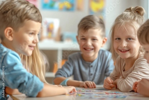 Fototapeta Group of joyful 7-year-old boys and girls engaged in a fun activity indoors, sharing smiles and laughter