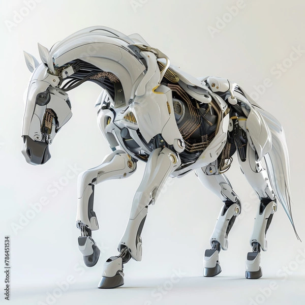 Obraz A robotic horse, sleek and powerful, crafted from advanced machinery, gallops with fluidity, its sensors replicating equine behaviors convincingly 3D (Generative Ai)