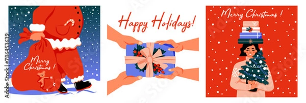 Fototapeta Set of winter greeting cards. Merry Christmas. Happy Holidays.Hands with gift box. Santa Claus with bag of gifts, presents. Woman with Christmas tree.  Perfect for a postcard or poster