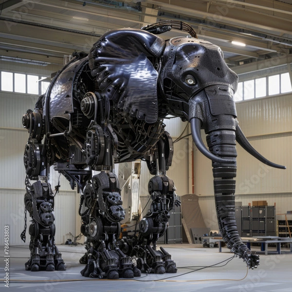 Fototapeta A robotic elephant, massive and lifelike, constructed from intricate machinery, moves with majestic grace, its sensors replicating pachyderm behaviors convincingly 3D (Generative Ai)