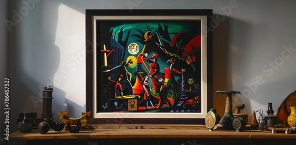 Fototapeta Indoor color photo of a modern painting on a wooden shelf crowded with many small sculptures. From the series “Interiors.”