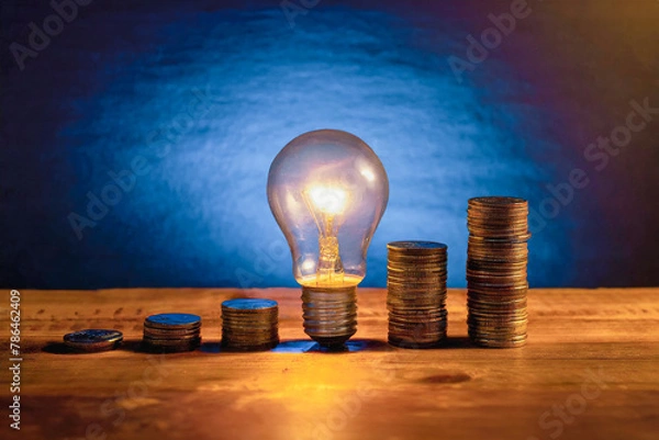 Fototapeta Standing illuminated light bulb between stacks of coins