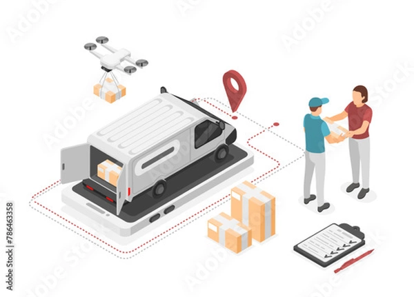 Obraz Isometric logistic service worker. Delivery parcels and goods. Courier giving cardboard box to client. Online shop or post, flawless vector concept