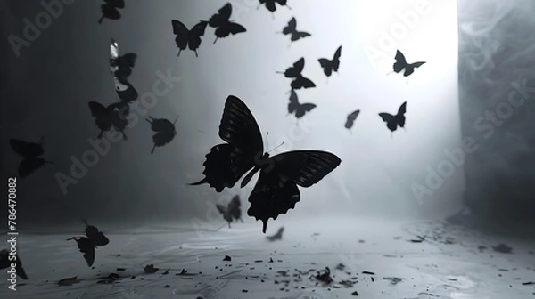 Obraz Ethereal Butterfly Silhouettes Fluttering in Moody Misty Landscape