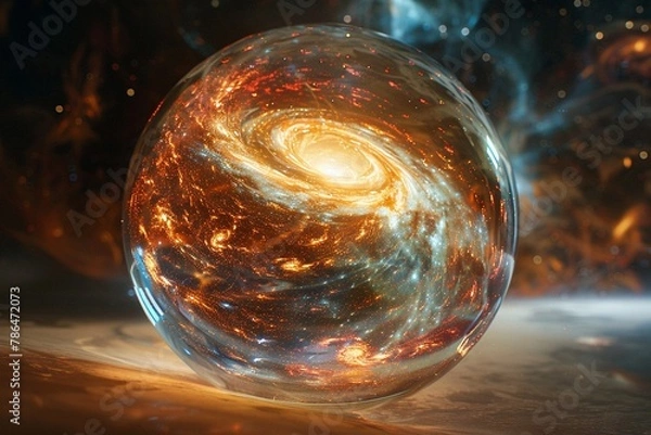 Fototapeta An artistic rendering of the Universe inside a glass ball, emphasizing deep space phenomena like black holes and supernovae