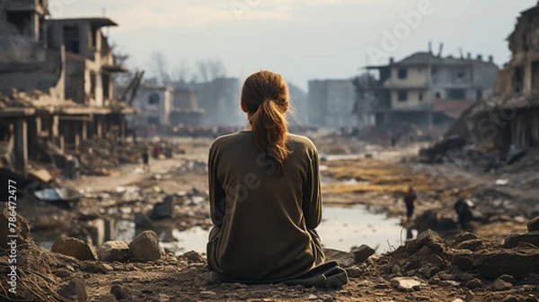 Fototapeta A woman cries near a house that was destroyed