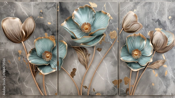 Fototapeta 3-section wall painting prepared for room decoration and compositions, usable design for marble design. Examples of paintings for architectural interior design. Flowers pattern.