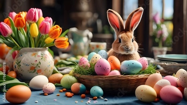 Fototapeta A photorealistic image depicting a bright graphics montage with an Easter holiday theme. The scene includes painted eggs, bunny ears, fresh tulips, and dinner decorations. The focus is on capturing th