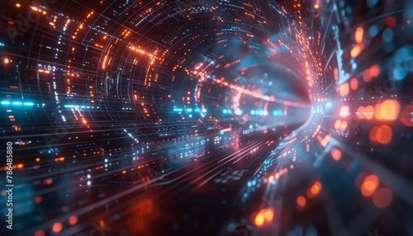 Fototapeta A tunnel with a bright blue light at the end by AI generated image