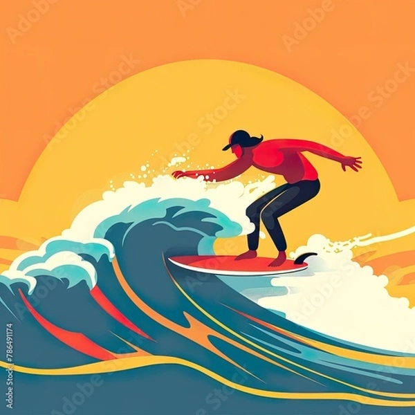 Fototapeta Capturing the essence of surfing, this illustration shows a surfer expertly navigating a towering wave against the backdrop of a captivating sunset..