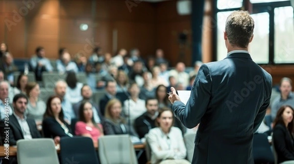 Fototapeta A corporate seminar in a boardroom setting, with full-length shots of colleagues engaged in the session while the businessman presents. 