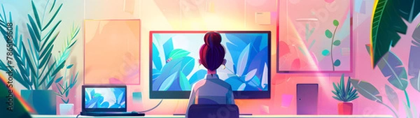Fototapeta vector illustration of a person operating a laptop pc image for web banner
